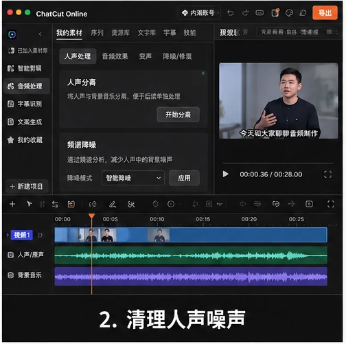 ChatCut Online 音频处理面板中的人声分离与频谱降噪
