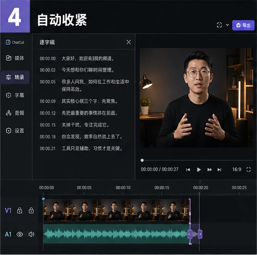 ChatCut 删除废话后自动收紧视频与音频时间线