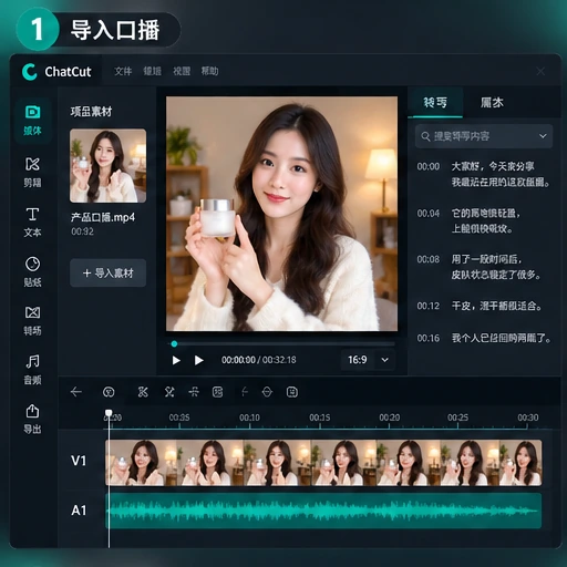 ChatCut 导入女性创作者的 UGC 产品口播并生成转录与时间线