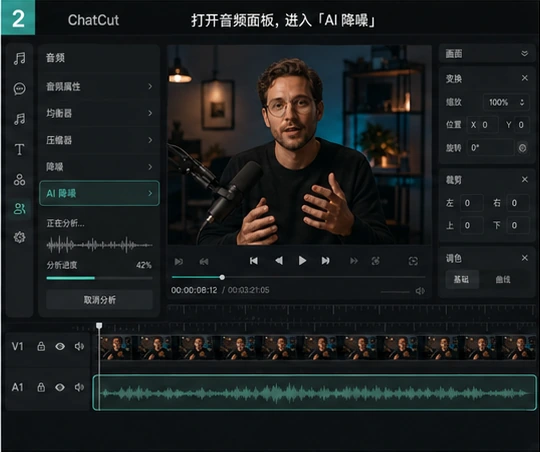 ChatCut AI 降噪正在分析口播视频 A1 音轨中的背景噪声