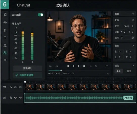 ChatCut 降噪后在时间线和音频表中进行试听确认